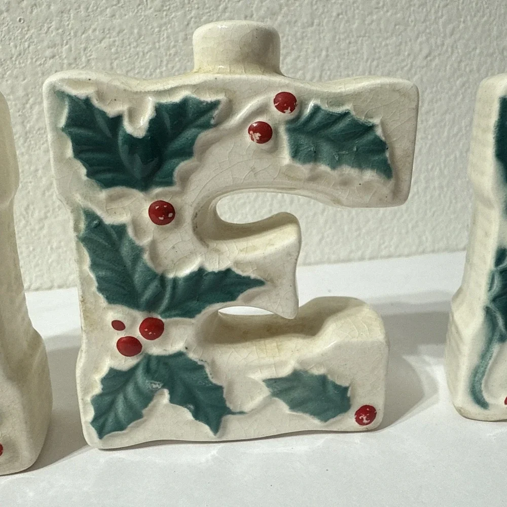 Vintage Ceramic NOEL Letters Christmas Mini Candlestick‎ Set Kitschy Retro Japan